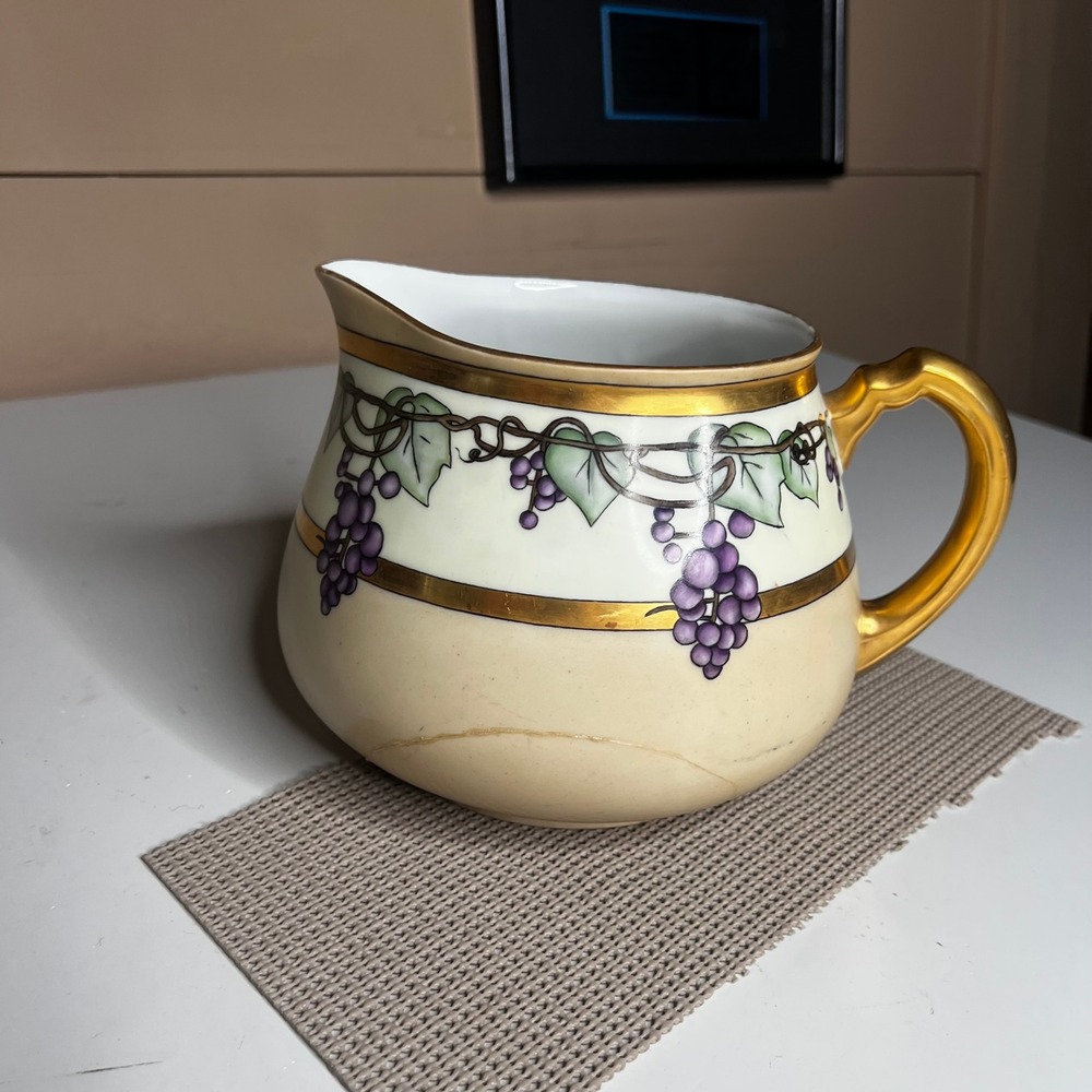 Limoges France WG & Co Porcelain Pitcher Grape Vine Gold Trim Antique Repair